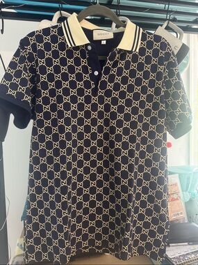 Gucci Navy Polo with Beige GG Monogram Pattern